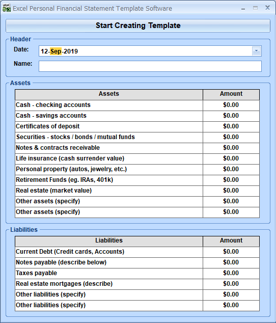 Excel Personal Financial Statement Template Software 7 0 full screenshot