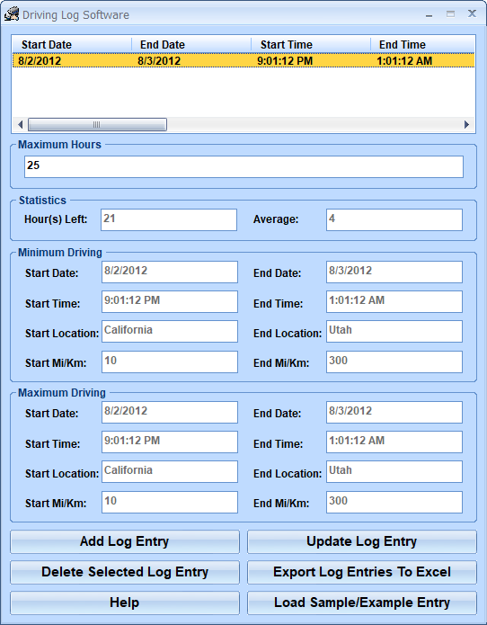 screenshot of driving-log-software