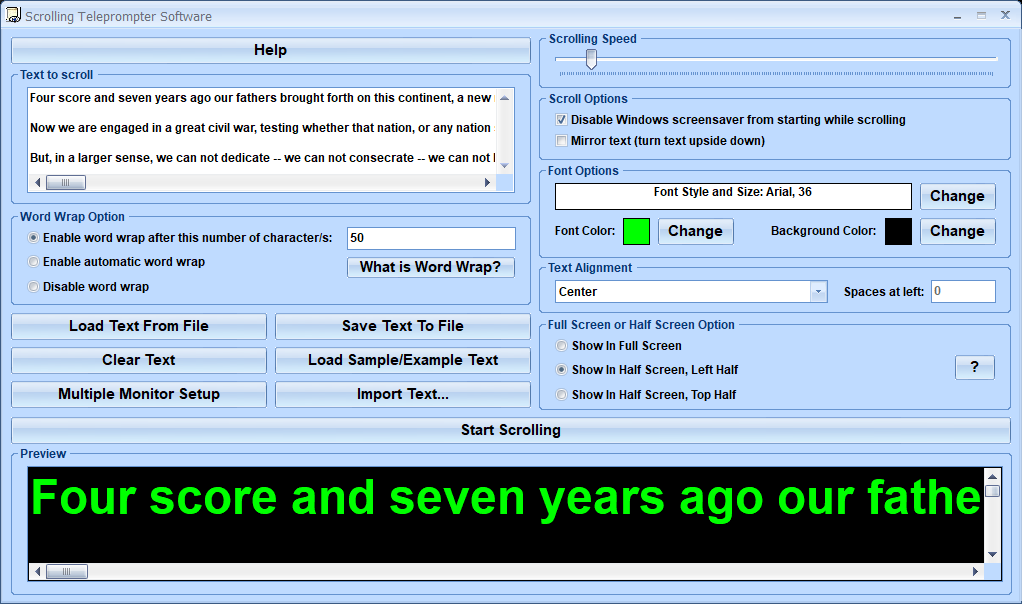 screenshot of scrolling-teleprompter-software